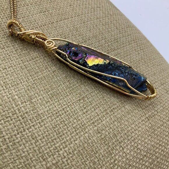 Rainbow Quartz Crystal Gold Tone Wire Wrapped Pendant Long Chain Necklace - Picture 5 of 7
